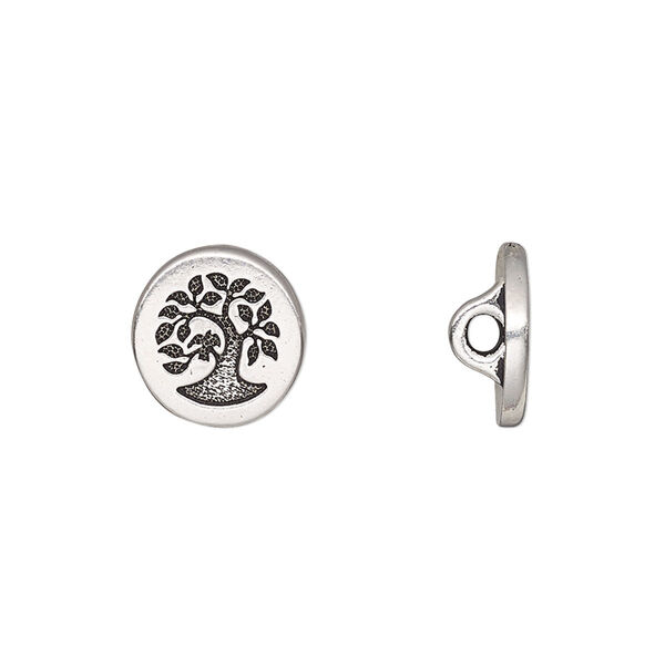Button, TierraCast®, antique silver-plated pewter (tin-based alloy), 12mm flat round with bird in tree and loop. Sold per pkg of 2. image number 0