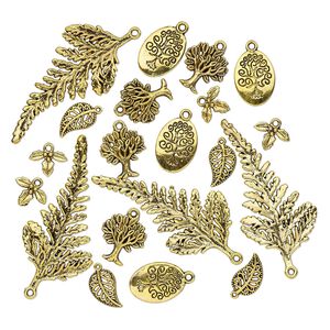 Focal and charm, antique gold-finished "pewter" (zinc-based alloy), 14x10mm-59x29mm single- and double-sided assorted leaf and tree. Sold per pkg of 20.