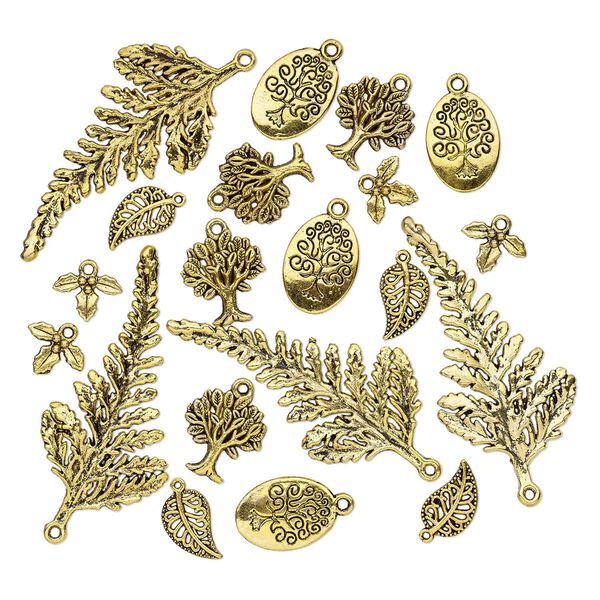 Focal and charm, antique gold-finished "pewter" (zinc-based alloy), 14x10mm-59x29mm single- and double-sided assorted leaf and tree. Sold per pkg of 20. image number 0