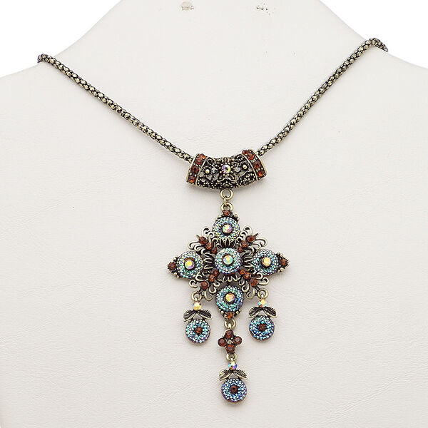 Necklace, resin / glass rhinestone / antique brass-plated steel / "pewter" (zinc-based alloy), peacock AB and dark orange, 3-1/4 inch dangle with fancy floral design, 18 inches with 2-inch extender chain and lobster claw clasp. Sold individually. image number 0