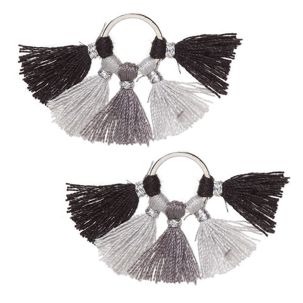 Component, cotton and silver-finished brass, black and grey, 28x20mm tassel. Sold per pkg of 2. image number 0