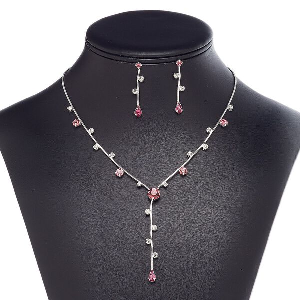 Necklace and earring set, glass rhinestone / plastic / imitation rhodium-plated brass / steel, pink and clear, 2-1/2 inch dangle with cupchain and round, 15" to 16" necklace with 3-inch extender chain and lobster claw clasp, 39mm earrings with post. Sold per set. image number 0