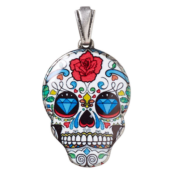 Pendant, resin and silver-plated brass, multicolored, 30x22mm Dia de los Muertos skull with rose and diamond pattern with open bail. Sold individually. image number 0