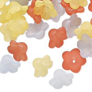 Component mix, acrylic, translucent frosted dark pink / yellow / light blue, 11x7mm flower. Sold per pkg of 120.
