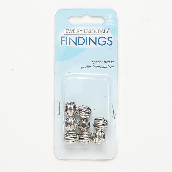 Bead, antiqued silver-finished "pewter" (zinc-based alloy), 10x10mm fluted barrel with 3.4-3.5mm hole. Sold per pkg of 8. image number 0