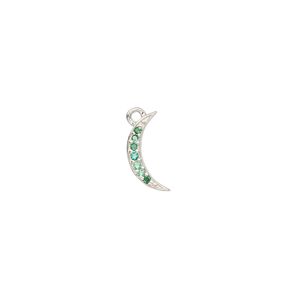 Charm, sterling silver and cubic zirconia, green, 12x5.5mm moon. Sold per pkg of 2.