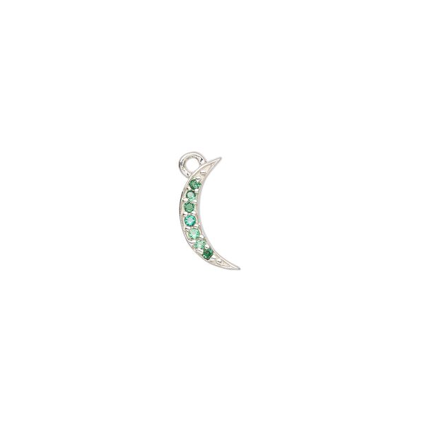 Charm, sterling silver and cubic zirconia, green, 12x5.5mm moon. Sold per pkg of 2. image number 0