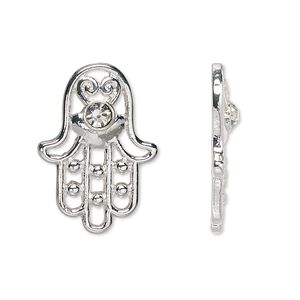 Component, Czech glass rhinestone and silver-finished "pewter" (zinc-based alloy), clear, 25x18mm single-sided Fatima hand with cutouts and 4mm faceted round. Sold per pkg of 2.