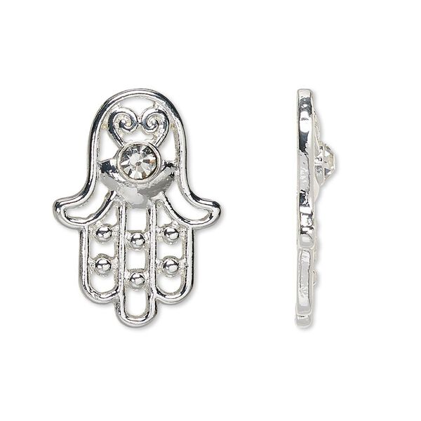 Component, Czech glass rhinestone and silver-finished "pewter" (zinc-based alloy), clear, 25x18mm single-sided Fatima hand with cutouts and 4mm faceted round. Sold per pkg of 2. image number 0