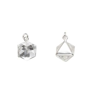 Drop, glass and sterling silver, clear, 9x7.5mm 3D cube with 3mm closed jump ring. Sold individually.