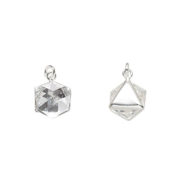 Drop, glass and sterling silver, clear, 9x7.5mm 3D cube with 3mm closed jump ring. Sold individually. image number 0