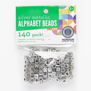 Bead mix, antique silver-coated plastic, 6mm cube with alphabet letters and 3mm hole. Sold per pkg of 140.