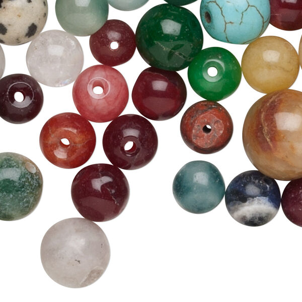 Bead mix, multi-gemstone (natural / dyed / stabilized / imitation) and glass, mixed colors, 8-18mm round, C grade. Sold per 1-pound pkg, approximately 340 beads. image number 0