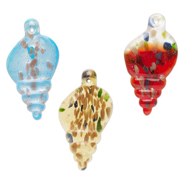 Random focal mix, lampworked glass, translucent mixed colors, 45x28mm-51x29mm flat shell with copper-colored glitter and silver-colored foil. Sold per pkg of 3. image number 0