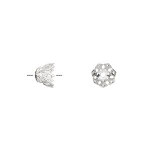 Bead cap, silver-plated brass, 7x5mm fancy basket with diamond cutouts, fits 7-10mm bead. Sold per pkg of 50.