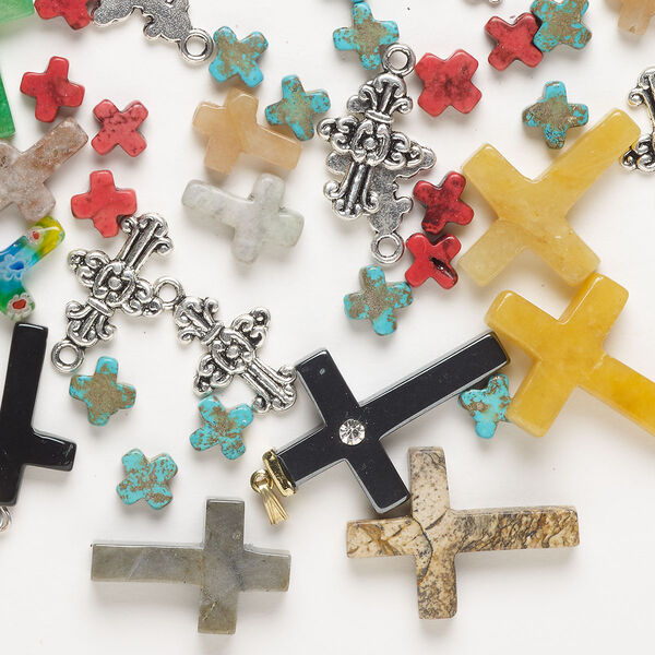 Pendant and drop mix, multi-gemstone (natural / dyed / coated / manmade / imitation) / "pewter" (zinc-based alloy) / glass, pkg/1 ounce, mixed colors, 8-74mm mixed cross shapes. image number 0