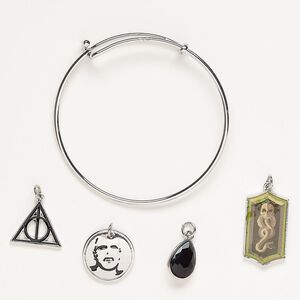 Bracelet and charm assortment, antique silver-finished brass / steel / glass / enamel, green / black / tan, Deathly Hallows theme, 7-1/2 inches. Sold per 5-piece set.