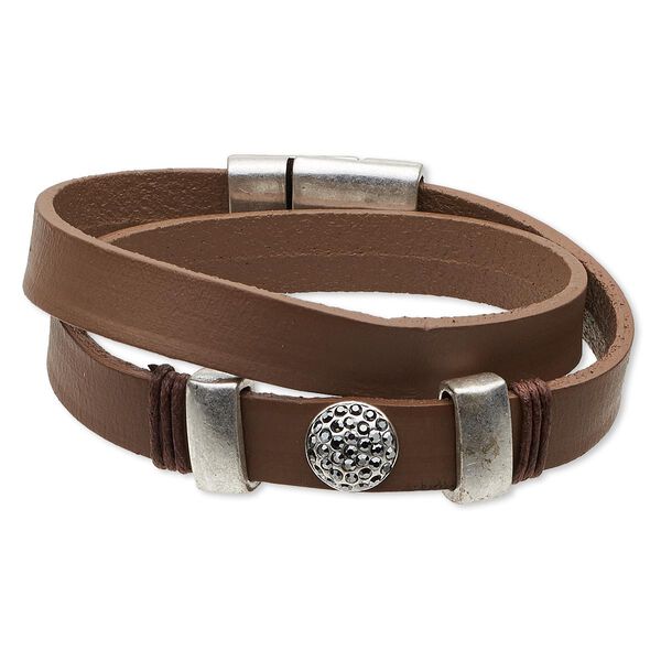 Bracelet, wrap, Czech glass rhinestone / leather (dyed) / antique silver-finished "pewter" (zinc-based alloy), brown and smoke, 10mm wide, 7-1/2 inches with 23x14mm magnetic clasp. Sold individually. image number 0