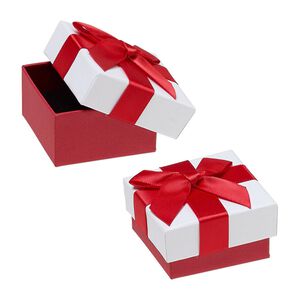 Gift box, cardboard / paper / velveteen / nylon, red shimmer / white / black, 1 x 1-7/8 x 1-7/8 inch square with ribbon and bow. Sold per pkg of 12.
