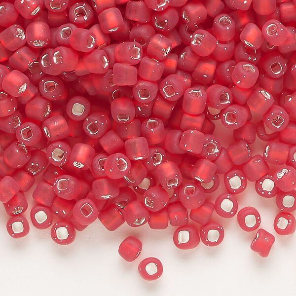 Seed bead, Dyna-Mites™, glass, silver-lined translucent matte red, #6 round with square hole. Sold per 1/2 kilogram pkg. image number 0