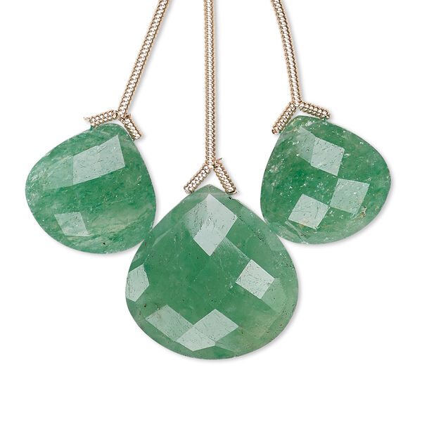 Bead, green quartz (heated), 14x14mm and 18x18mm hand-cut top-drilled faceted pear, B grade, Mohs hardness 7. Sold per pkg of 3 beads. image number 0