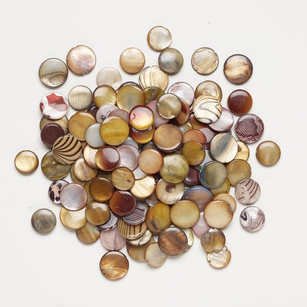 Mother-of-pearl shell 1pkg4oz, puffed flat round bead mix multi-brown 13-16mm image number 1