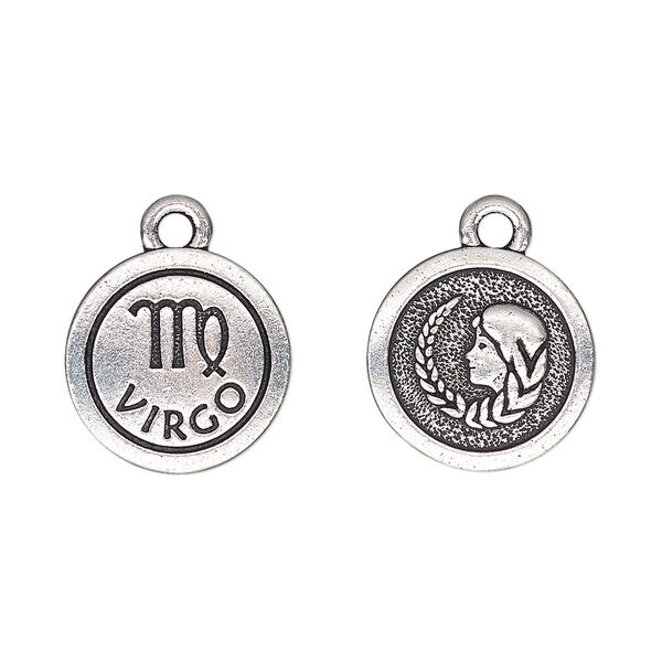 Charm, TierraCast®, antique silver-plated pewter (tin-based alloy), 15mm two-sided flat round with Virgo zodiac sign and symbol. Sold per pkg of 20. image number 0