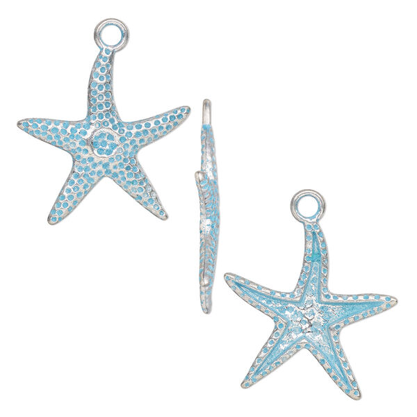 Charm, antique silver-finished pewter (tin-based alloy), blue patina, 27x26mm single-sided starfish. Sold per pkg of 4. image number 0