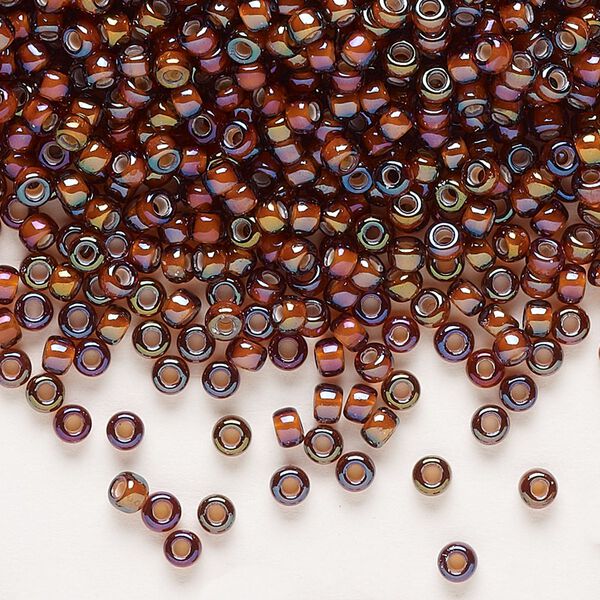 Seed bead, Miyuki, glass, pkg/250g, #8 rocaille, translucent white-lined luster dark topaz, (RR-3761). image number 0