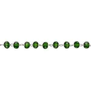 Chain 1pkg1 beaded, 3.5mm faceted rondelle, emerald green glass / stainless steel 1 yard unfinished
