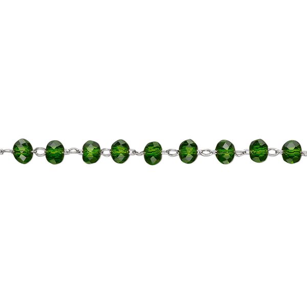 Chain, glass and stainless steel, emerald green, 3.5mm faceted rondelle. Sold per pkg of 1 yard. image number 0