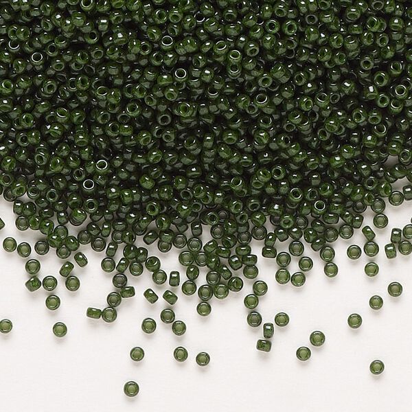 Seed bead, Miyuki, glass, pkg/250g, #15 rocaille, opaque outside dyed olive green, (RR-1488). image number 0