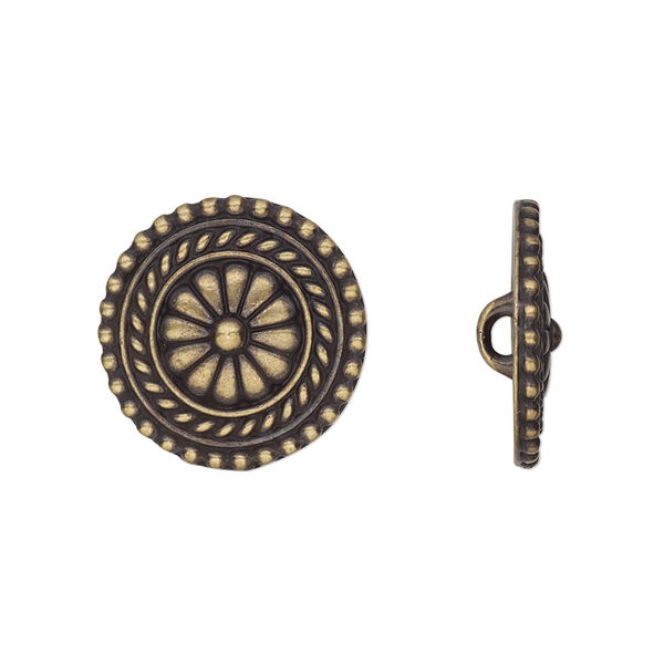 Button, TierraCast®, antique brass-plated pewter (tin-based alloy), 18mm beaded flat round with flower and closed loop. Sold per pkg of 2. image number 0