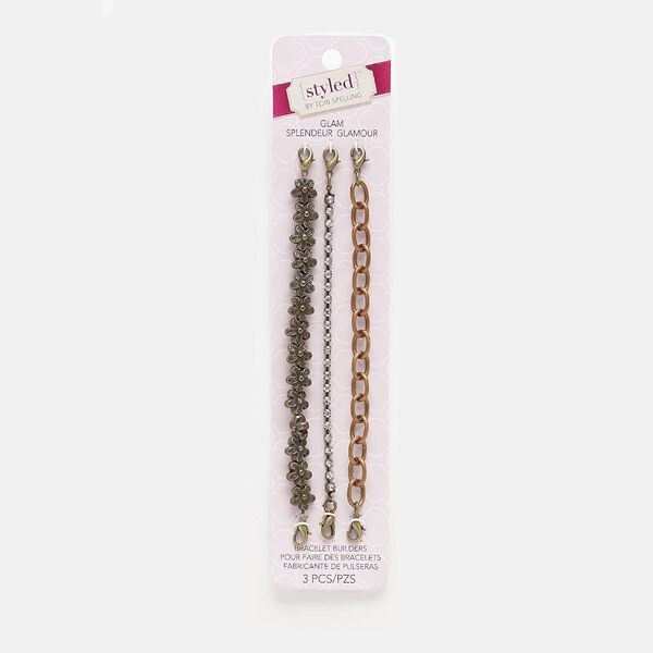 Bracelet component, glass rhinestone / antiqued copper- / brass-finished steel / "pewter" (zinc-based alloy), clear, 3mm cupchain / 10x10mm flower / 12x8mm oval cable, 6 inches with lobster claw clasp. Sold per pkg of 3. image number 0