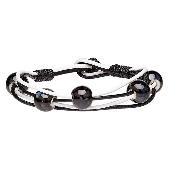 Bracelet, porcelain and waxed cotton cord, black / white / blue, 13mm wide with 11mm round, 6-1/2 inches with button clasp. Sold individually. image number 0