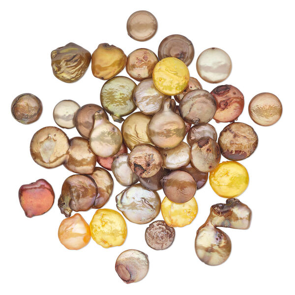 Pearl, cultured freshwater pearl (dyed), mixed earthtones, 12x11mm-28x16mm flat round, Mohs hardness 2-1/2 to 4. Sold per 2-ounce pkg, approximately 40 beads. image number 0