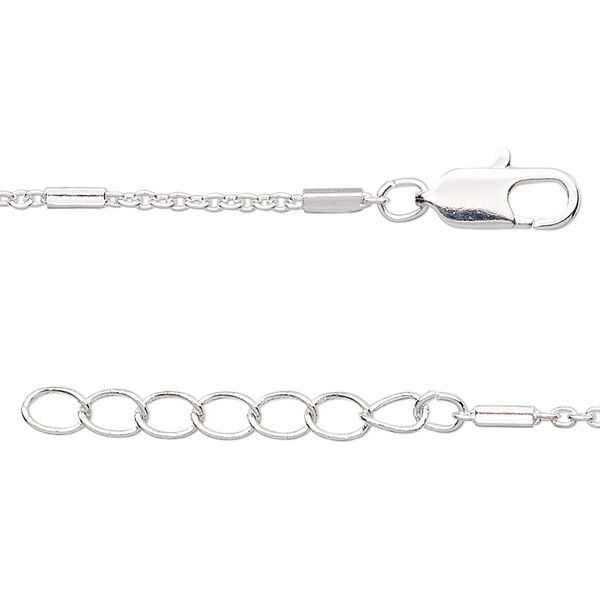 Chain, silver-finished brass, 2x1.5mm cable and 4x2mm rectangle tube link, 18 inches with 1-1/4 inch extender chain and lobster claw clasp. Sold individually. image number 0