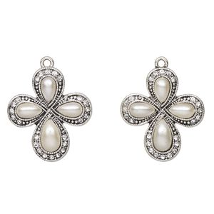 Drop, antique silver-finished "pewter" (zinc-based alloy), acrylic pearl and glass, clear and white, 29x26mm cross. Sold per pkg of 2.