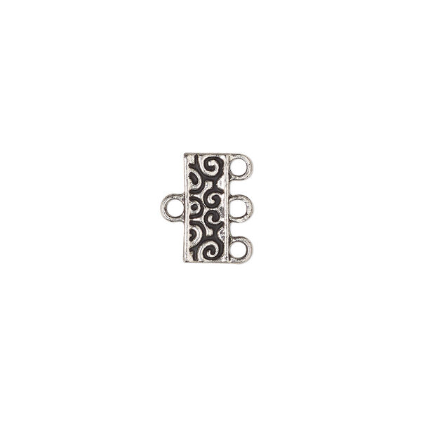 End bar, antique silver-finished "pewter" (zinc-based alloy), 12x5mm double-sided swirl design with 3 loops. Sold per pkg of 12. image number 0