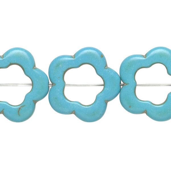 Bead, magnesite (dyed / stabilized), light blue, 18x18mm-20x20mm open flower with 10mm center hole, C grade, Mohs hardness 3-1/2 to 4. Sold per 13-inch strand. image number 0