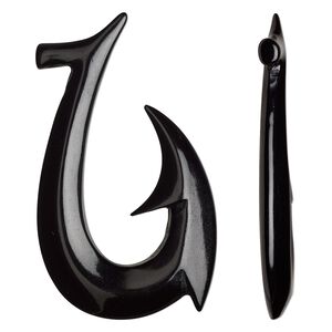 Focal, bone (dyed), black, 65x38mm hand-carved undrilled single-sided hook, Mohs hardness 2-1/2. Sold individually.