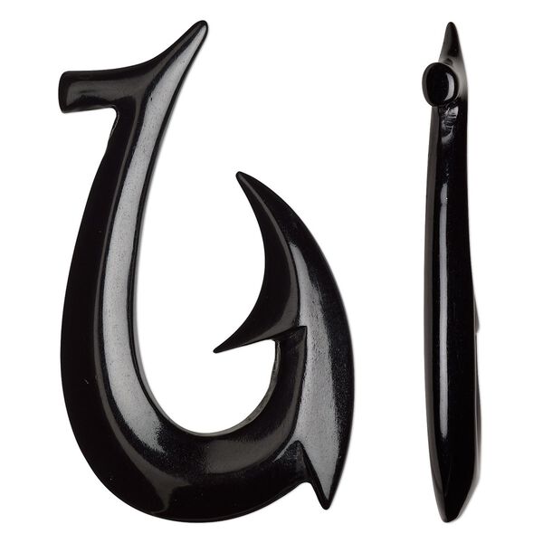 Focal, bone (dyed), black, 65x38mm hand-carved undrilled single-sided hook, Mohs hardness 2-1/2. Sold individually. image number 0