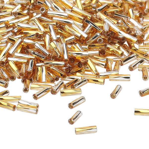Bead, Miyuki, bugle bead, glass, pkg/50 g, 6x2mm center-drilled twisted, silver-lined translucent gold/clear (TW-3932). image number 0