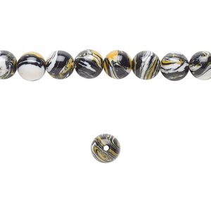 Bead, resin, black / white / dark yellow, 6mm round. Sold per 15-1/2" to 16" strand.