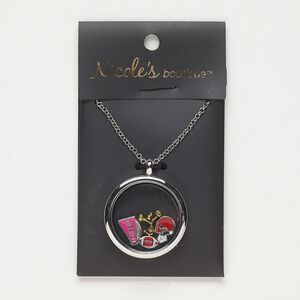 Necklace, glass / enamel / silver- / antique gold-finished "pewter" (zinc-based alloy) / steel, pink / red / blue, 30mm round with mixed designs, 24 inches with lobster claw clasp. Sold individually.