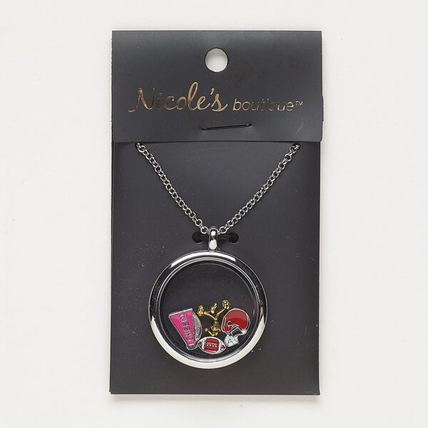Necklace, glass / enamel / silver- / antique gold-finished "pewter" (zinc-based alloy) / steel, pink / red / blue, 30mm round with mixed designs, 24 inches with lobster claw clasp. Sold individually. image number 0