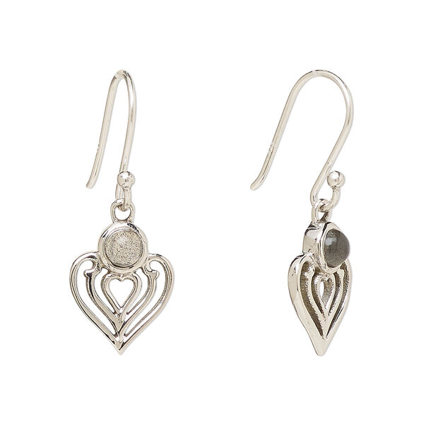 Ear wire, Create Compliments®, antiqued sterling silver and labradorite (natural), fishhook, 28.5mm with 15x9mm single-sided heart, 21 gauge. Sold per pair. image number 0