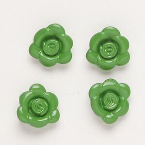 Charm, "pewter" (zinc-based alloy) and enamel, green, 13-14mm flower with hidden loop. Sold per pkg of 4.