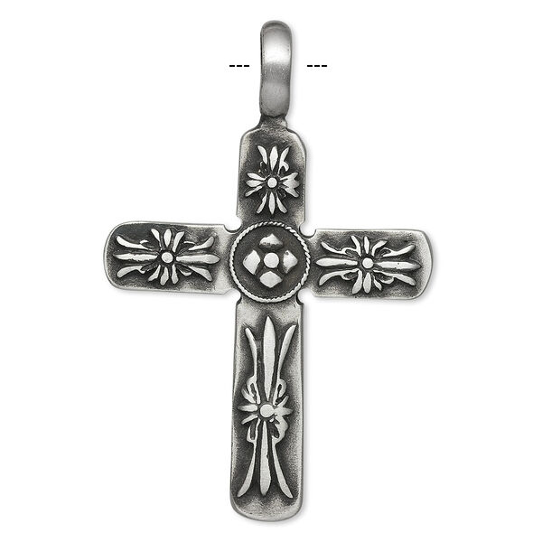 Pendant, pewter (tin-based alloy), 64x41mm cross. Sold individually. image number 0