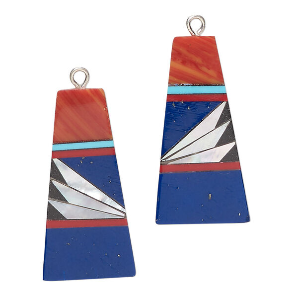 Drop, mother-of-pearl shell / resin / silver-finished "pewter" (zinc-based alloy) (assembled), multicolored, 26x10mm single-sided flat trapezoid. Sold per pkg of 2. image number 0